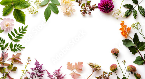 white blank paper background With various types of flowers and leaves  top view  mockup message frame concept. Wedding cards  invitation cards