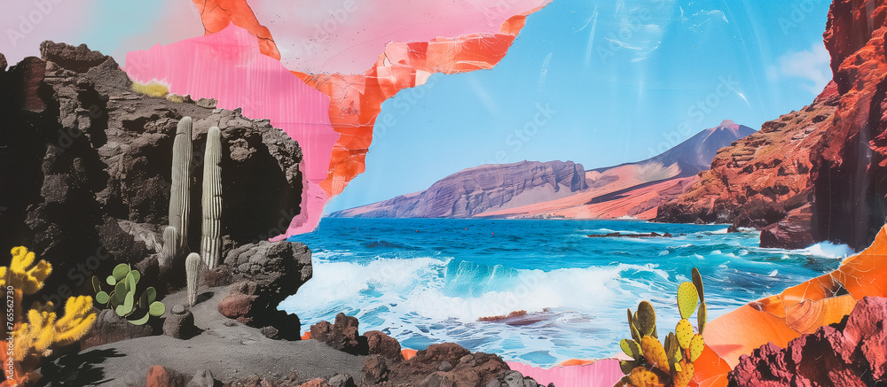 Collage of a vibrant seascape with waves crashing on rocky shores, adorned with cacti and succulents, under a sky painted with abstract, colorful shapes. - obrazy, fototapety, plakaty 
