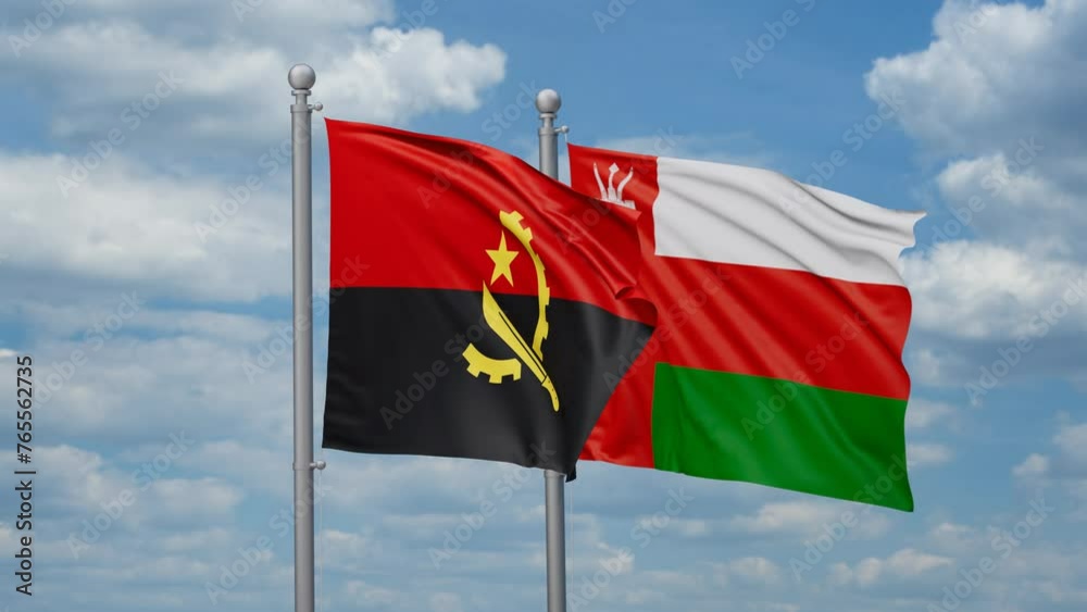 Oman and Angola two flags waving together, looped video, two country cooperation concept Oman and Angola two flags waving together, looped video, two country cooperation concept