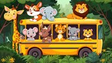 Cartoon Animals Go on Exciting School Bus Adventure Through the Vibrant Jungle,Exploring and Learning on the Move