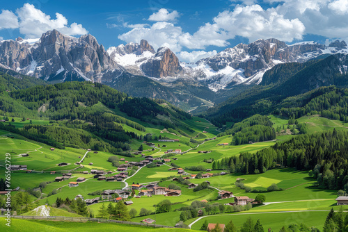 A picturesque view of the Dolomites in Italy  showcasing green meadows and small villages nestled among majestic peaks