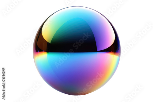 Holographic liquid bubble, 3d render, single, isolated, eccentric spherical form, glossy, iridescent, delivering prismatic rainbow hues, resting majestically on stark white canvas