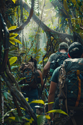 A group of explorers with rugged backpacks trekking through a dense jungle, amidst towering trees and tangled vines Camera angle