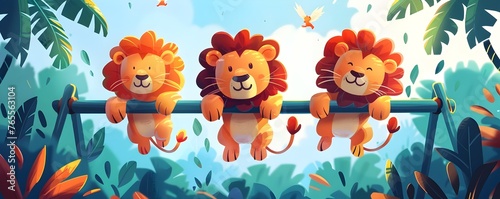 Three adorable and vibrant cartoon lion cubs are shown playing together on a colorful jungle gym structure in a lush