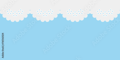 White lace pattern isolated on blue background. Seamless figured lace border, vector lace decoration. Seamless white stripe, delicate simple pattern, decoration for children's textile.