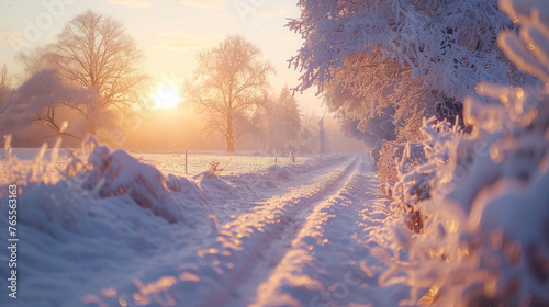 A serene winter landscape at sunrise, featuring a snow-covered path leading through frosty trees, with a warm golden glow illuminating the scene.