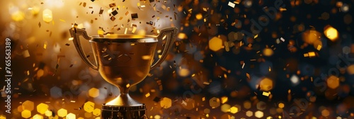 Victory with a 3D rendering of a golden cup surrounded by falling golden confetti