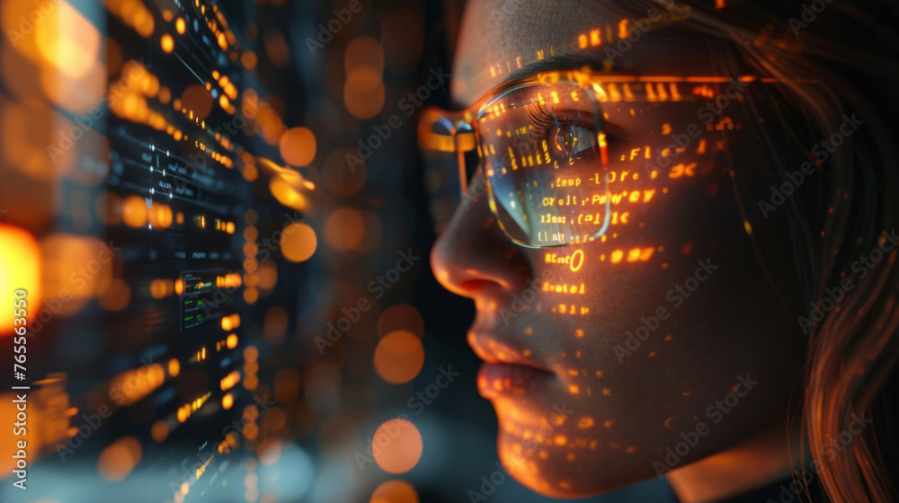 Close-up of a woman's face with reflections of data and digital code on her glasses, symbolizing futuristic technology, data analytics, and cyber environment. Close-up of a woman's face with reflections of data and digital code on her glasses, symbolizing futuristic technology, data analytics, and cyber environment.