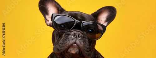 Close portrait of black french bulldog dog in fashion sunglasses. Funny pet on bright yellow background. Puppy in eyeglass. Fashion, style, cool animal concept with copy space