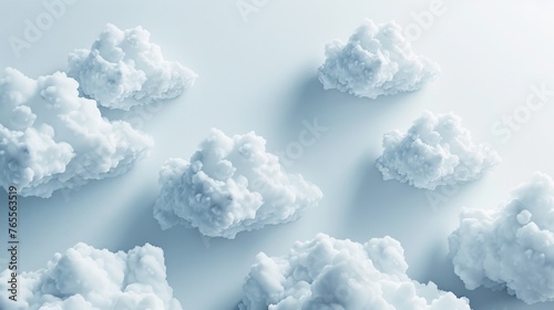 3D closeup shot of white clouds, fluffy texture and realistic appearance on a white background
