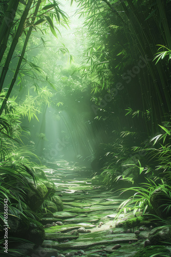 A serene bamboo forest path with towering green bamboo stalks on either side  lush ferns  and sun rays piercing through the mist  illuminating the stone-laden pathway and vibrant greenery.