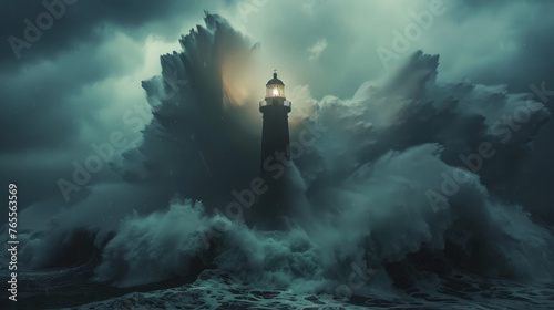 A lighthouse stands tall against a dramatic backdrop of crashing waves and dark, stormy skies, with a beacon of light shining through the chaos.