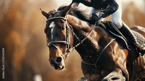 Close-up of a man riding a horse in the arena, emphasizing concentration and precision © AlfaSmart