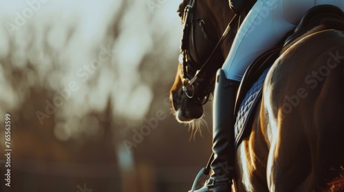 Close-up of a man riding a horse in the arena, emphasizing concentration and precision
