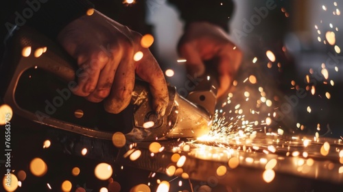 Close-up of a man's hands holding a metal cutting tool, sparks flying as he cuts a piece of metal photo