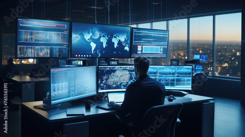 IT Technical Support Specialists, Financial Analysts and Day Traders Working on a Computers with Multi-Monitor Workstations with Real-Time Stocks, Commodities and Exchange Market Charts.  photo