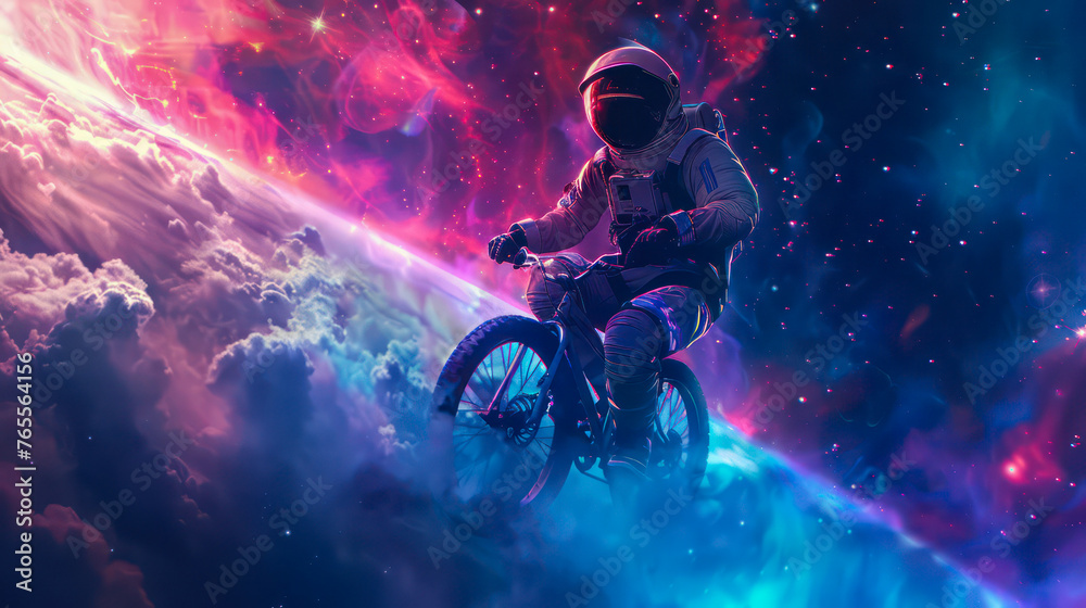 Cosmonaut in space on a bicycle - obrazy, fototapety, plakaty 
