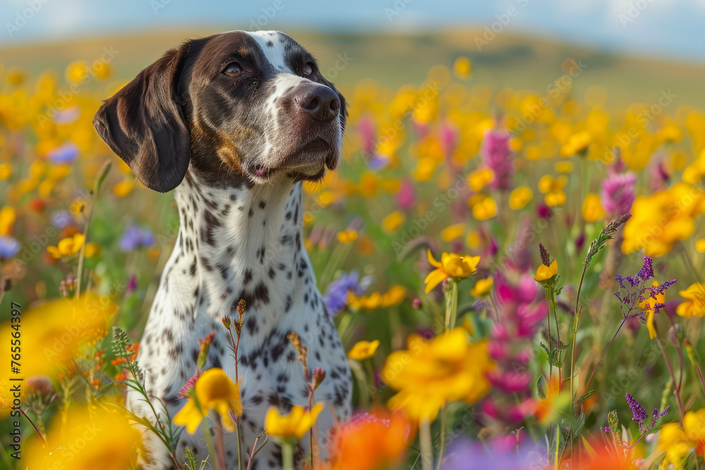 Dog in the field with spring flowers