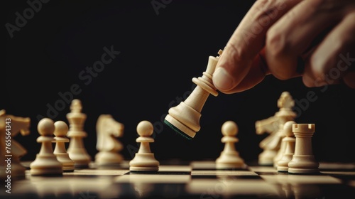 Close-up of a hand making a strategic move on a chessboard, with black background