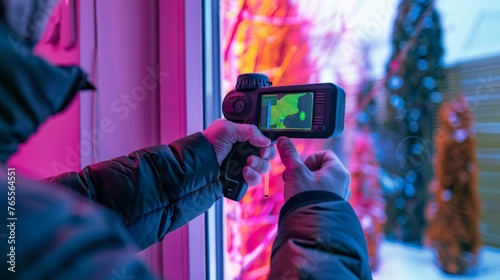 Man holds a thermal imager and points it at a window where a heat leak can be seen photo