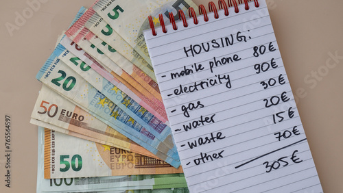 Counting receipt for utilities payment. Euro cash money bill. Electricity water gas price. Conservative consumption insecurity economic crisis concept. Increasing higher prices. inflation impact