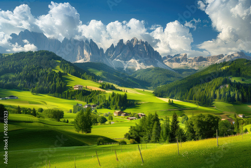 A picturesque landscape of the Dolomites in Italy  showcasing green pastures and charming villages nestled among snowcapped peaks under clear blue skies
