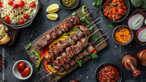 Delicious meat kebab with fresh vegetable salad served with variety of Turkish dishes and appetizers. Top view of assorted Turkish food and meze, tasty and healthy Mediterranean cuisine