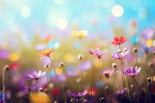 Colorful flower meadow with sunbeams