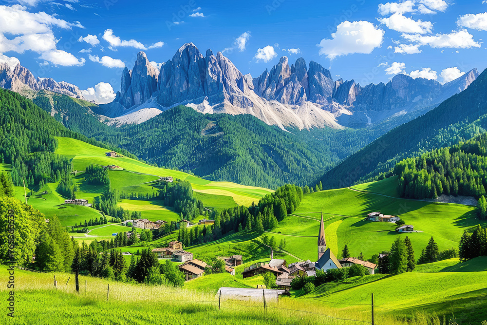 A picturesque view of the Dolomites in Italy, showcasing green meadows and small villages nestled between majestic mountains under clear blue skies
