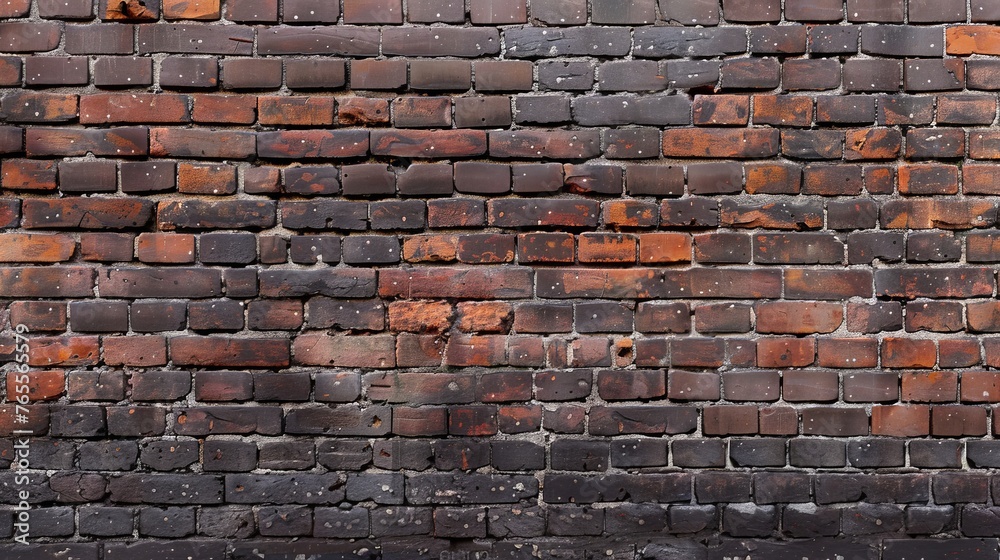Close-up of dark brick wall, texture detail with varied brick tones for background or design use concept