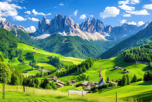 A picturesque view of the Dolomites in Italy, showcasing green meadows and small villages nestled between majestic mountains under clear blue skies © Kien