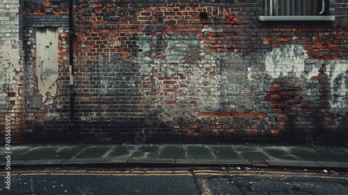 Urban streetscape with weathered brick wall, fading paint over door, and road markings concept of city life photo