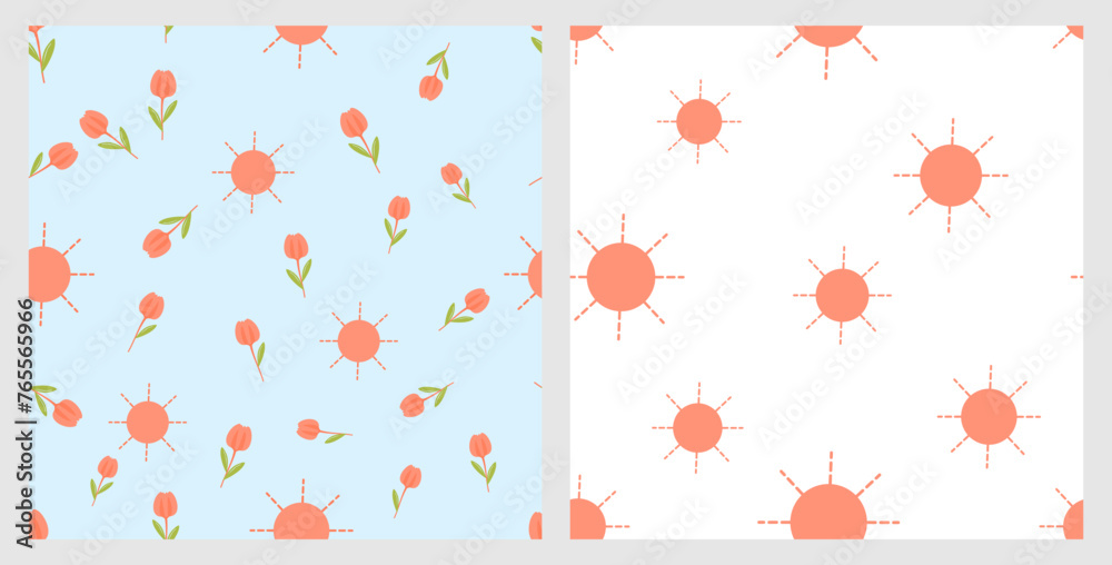 Fototapeta premium Seamless pattern with tulip flower, green leaf and sun on blue and white background vector.