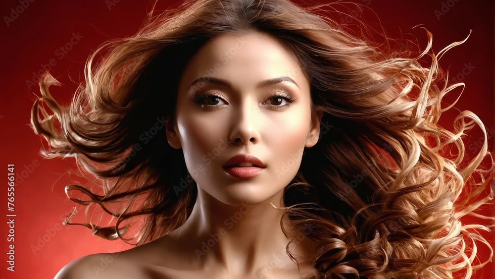 Obraz premium A captivating portrait of a woman with luscious, curly brown tresses billowing on a vibrant red canvas