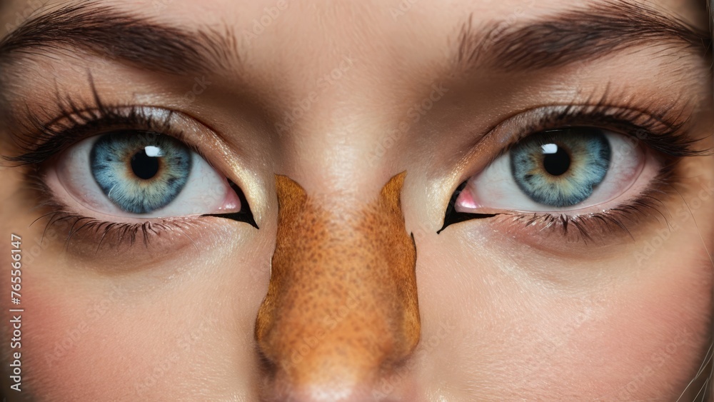 Naklejka premium A stunning close-up portrait of a female face boasting piercing blue eyes and a creative paper-shaped nose