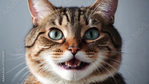  A close-up photograph of a cat's face, showcasing its wide-open mouth with visible teeth © Viktor