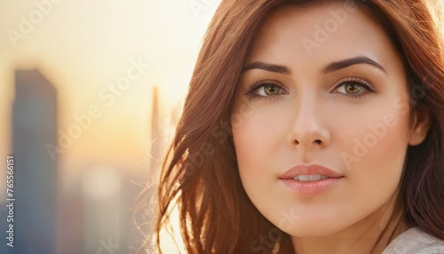  A close-up of a woman's face with a bustling cityscape nestled within the foreground captures her essence perfectly