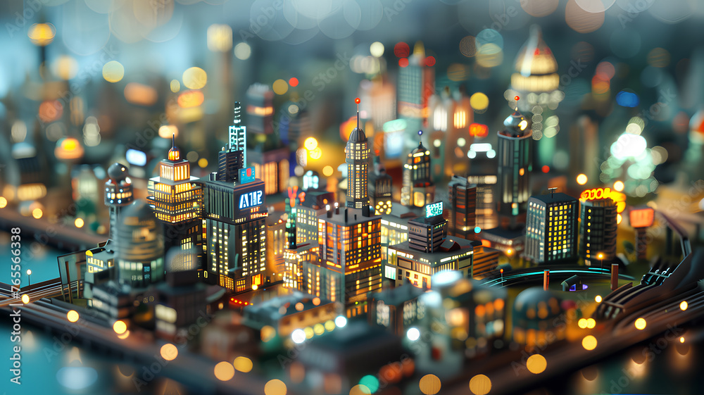 Obraz premium Futuristic Miniature City with Vibrant Illumination . A hyper-detailed, miniature urban landscape bathed in warm orange and cool blue lights, depicting a bustling, futuristic city. 