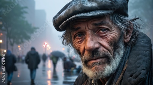  Man in hat on city street, busy pedestrians on side © Viktor