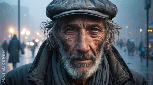  An elderly gentleman dons a hat while standing on a city road amidst pouring rain, surrounded by passersby on the sidewalk