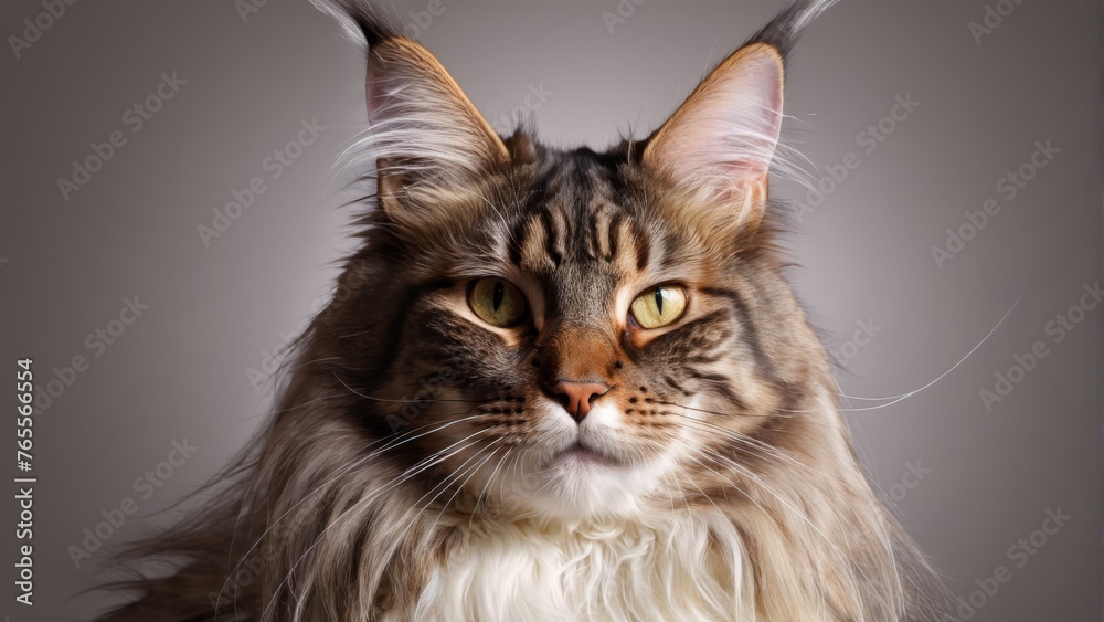 Obraz premium A captivating close-up image of a majestic cat with luscious hair, exuding a solemn gaze into the lens