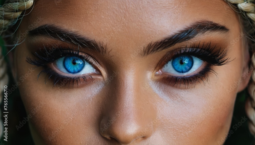 A captivating portrait of a woman, showcasing her mesmerizing blue eyes and intricate braids Elegant and sophisticated, she exudes confidence A captivating portrait of a woman, showcasing her mesmerizing blue eyes and intricate braids Elegant and sophisticated, she exudes confidence