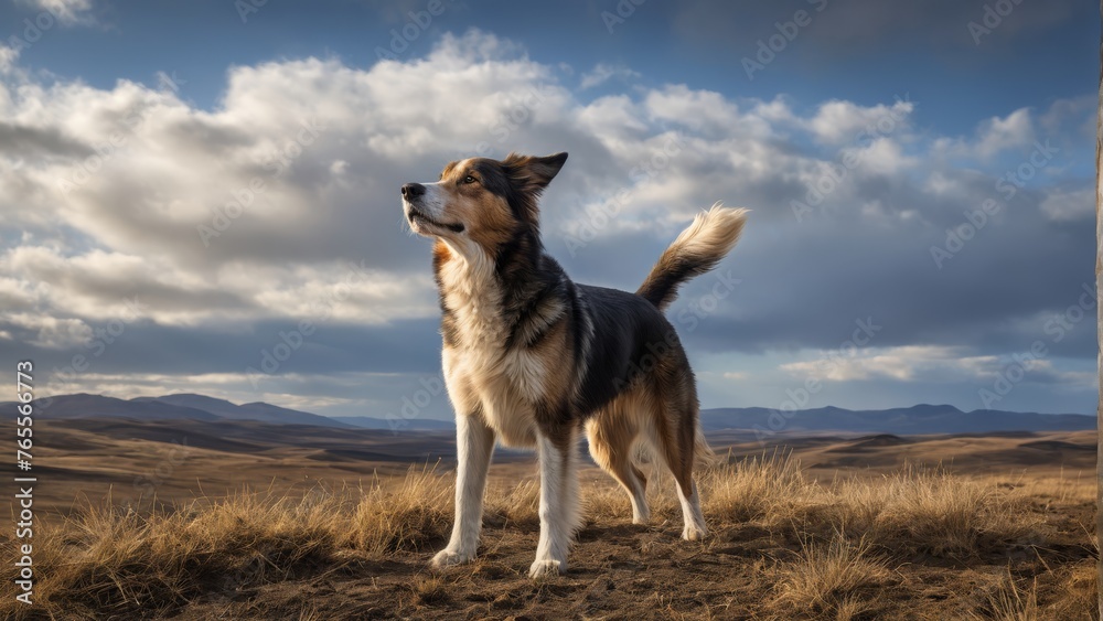  A stunning image of a brown and white dog perched on a dry grassy field beneath a cloudy blue sky, surrounded by majestic mountains