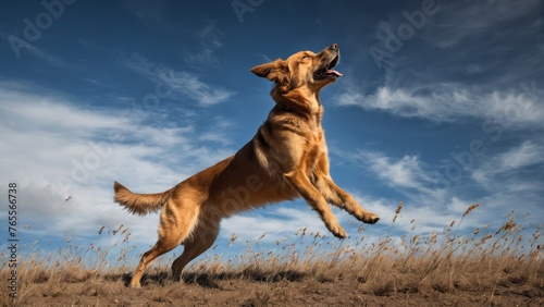  An adorable dog leaping high in mid-air to capture a flying frisbee with its eager jaws!