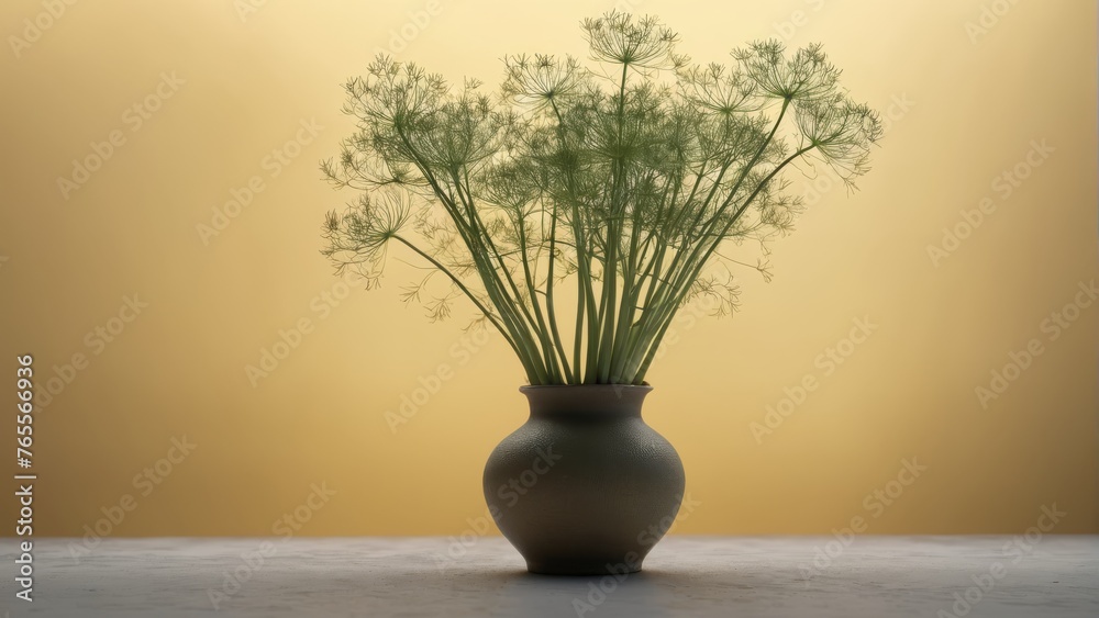 Fototapeta premium A vibrant room with a yellow wall accented by a lush green vase filled with various plants, adding an inviting touch