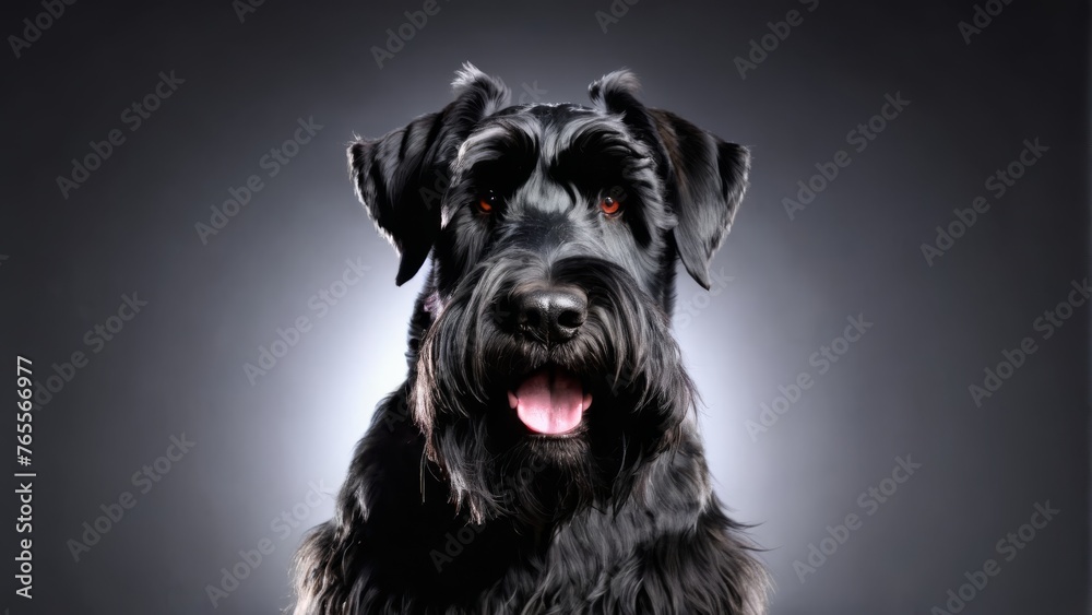  Black dog, tongue out, face slightly turned side - Close up photo