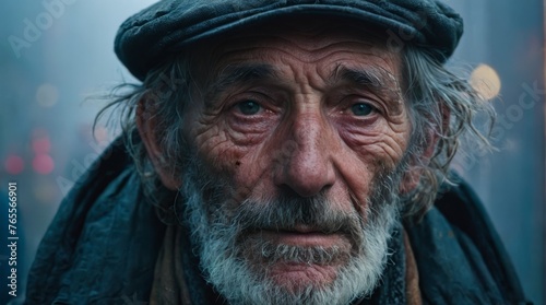 Old man in coat and hat, gazing into camera