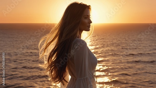  Woman in front of water at sunset with blowing hair
