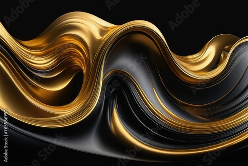 Abstract 3D portrayal of a fluid gold wave, morphing and undulating as though sculpted by a gust of wind, its iridescent surface a symphony of shimmering tones reflecting the light