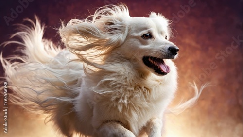  White dog running with blown hair, red-yellow background Blurry foreground dog Optimized for SEO